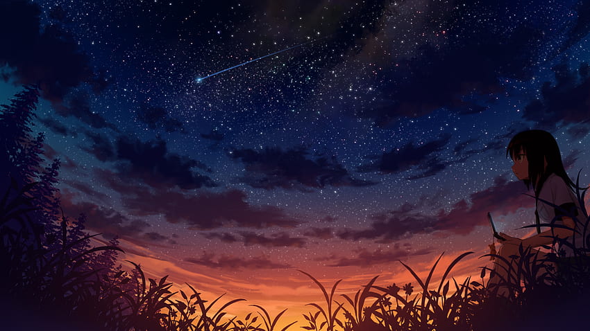 Konachan.com - 170643 capelli_neri nuvole erba telefono originale sakais3211 scenic sky stars sunset.jpg (1920Ã1080) | Anime visionario | pinterest | Capelli neri ... Sfondo HD